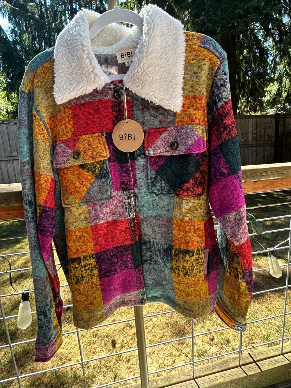 Nwt BIBI Multicolor Sherpa Collar Plaid Jacket - Pink/Yellow/Teal - Picture 1 of 4